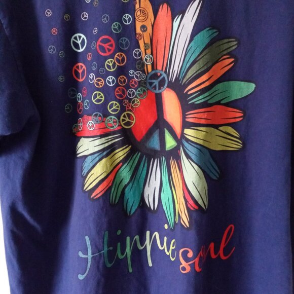 Navy Blue Ranbow Daisy Peace Sign Hippy Soul Short Sleeve Tee - Picture 2 of 5